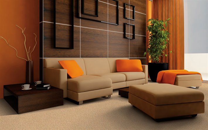elegante sala de estar interior, sof&#225; de couro marrom, brown pain&#233;is de madeira nas paredes, um design interior moderno, sala de estar