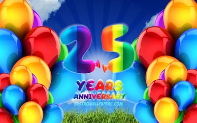 4k, de 25 A&#241;os de Aniversario, nublado cielo de fondo, coloridos globos, obras de arte, 25 aniversario signo, Aniversario concepto, 25 aniversario