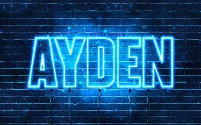 Ayden, 4k, les papiers peints avec les noms, le texte horizontal, Ayden nom, bleu n&#233;on, photo avec Ayden nom