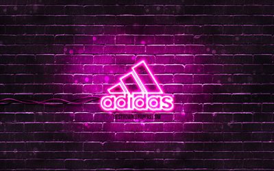 Adidas viola logo, 4k, viola brickwall, Adidas logo, marchi, Adidas neon logo Adidas