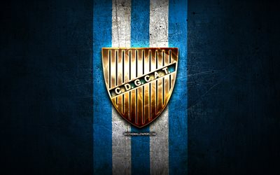Godoy Cruz FC, golden logo, Argentine Primera Division, blue metal background, football, Godoy Cruz, argentinian football club, Godoy Cruz logo, soccer, Argentina, Club Deportivo Godoy Cruz Antonio Tomba