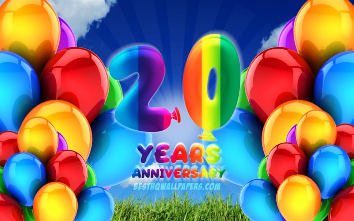 4k, de 20 A&#241;os de Aniversario, nublado cielo de fondo, coloridos globos, obras de arte, 20 aniversario signo, Aniversario concepto, 20 aniversario