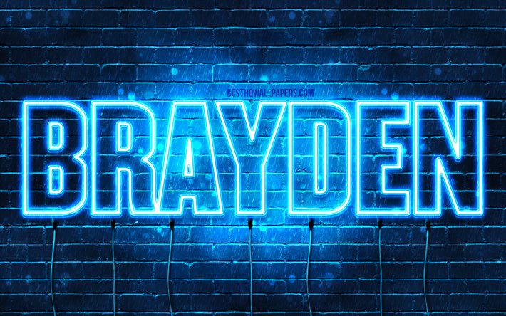 Brayden, 4k, fondos de pantalla con los nombres, el texto horizontal, Brayden nombre, luces azules de ne&#243;n, imagen con Brayden nombre