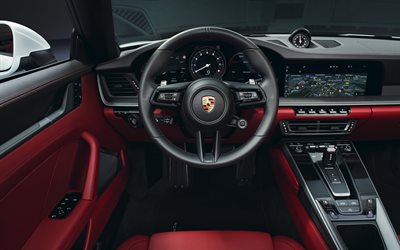 Porsche 911 Carrera, 2019, interior, inside view, convertible, black and red leather interior, Porsche 911 interior, German sports cars, Porsche
