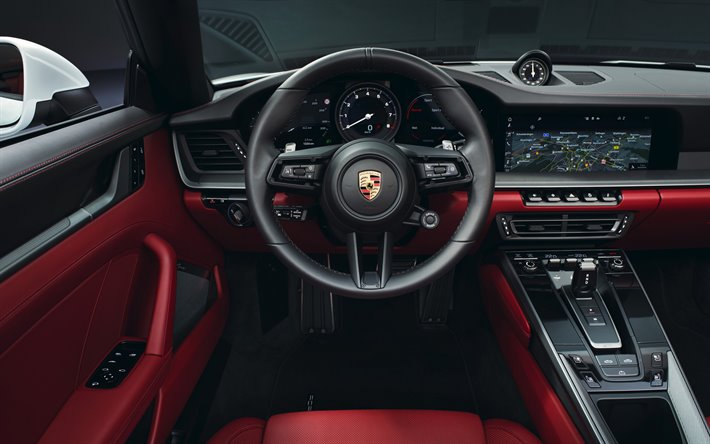 Porsche 911 Carrera, 2019, sisustus, sis&#228;ll&#228; n&#228;kym&#228;, avoauto, musta ja punainen nahkaverhoilu, Porsche 911 sisustus, Saksan urheilu autoja, Porsche