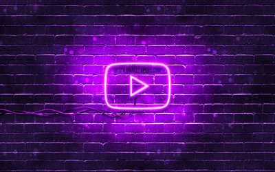 Youtube violette logo, 4k, violet brickwall, Youtube logo, marques, Youtube n&#233;on logo Youtube