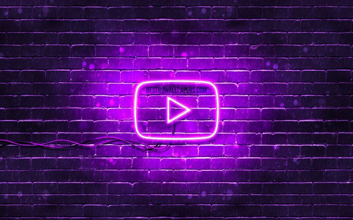Youtube violet logo, 4k, mor brickwall, Youtube logo, marka, logo, neon, Youtube