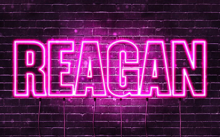 Reagan, 4k, taustakuvia nimet, naisten nimi&#228;, Reagan nimi, violetti neon valot, vaakasuuntainen teksti, kuva Reagan nimi
