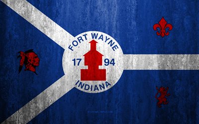 Flaggan i Fort Wayne, Indiana, 4k, sten bakgrund, Amerikansk stad, grunge flagga, Fort Wayne, USA, Fort Wayne flagga, grunge konst, sten struktur, flaggor av amerikanska st&#228;der