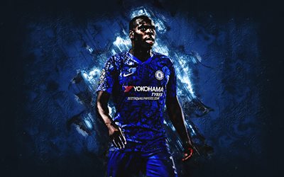 Kurt Zouma, French footballer, Chelsea FC, portrait, blue stone background, England, football, Premier League, Zouma Chelsea FC