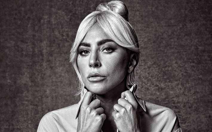 Lady Gaga, portre, siyah beyaz, Amerikalı şarkıcı, fotoğraf &#231;ekimi, Stefani Joanne Angelina Germanotta, beyaz elbise