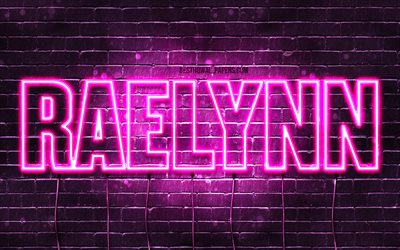 Raelynn, 4k, wallpapers with names, female names, Raelynn name, purple neon lights, horizontal text, picture with Raelynn name