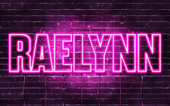 Raelynn, 4k, pap&#233;is de parede com os nomes de, nomes femininos, Raelynn nome, roxo luzes de neon, texto horizontal, imagem com Raelynn nome