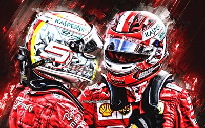 Sebastian Vettel, Charles Leclerc, yarış arabası s&#252;r&#252;c&#252;leri, Scuderia Ferrari, Formula 1, kırmızı taş arka plan, F1, yaratıcı sanat, Ferrari