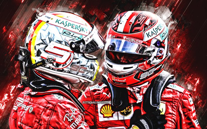 Sebastian Vettel, Charles Leclerc, racerbil f&#246;rare, Scuderia Ferrari, Formel 1, r&#246;da sten bakgrund, F1, kreativ konst, Ferrari