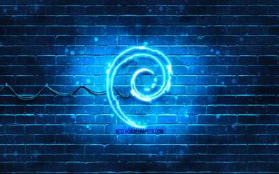 Debian mavi logo, 4k, mavi tuğla duvar, Debian logosu, Linux, Debian, neon logo