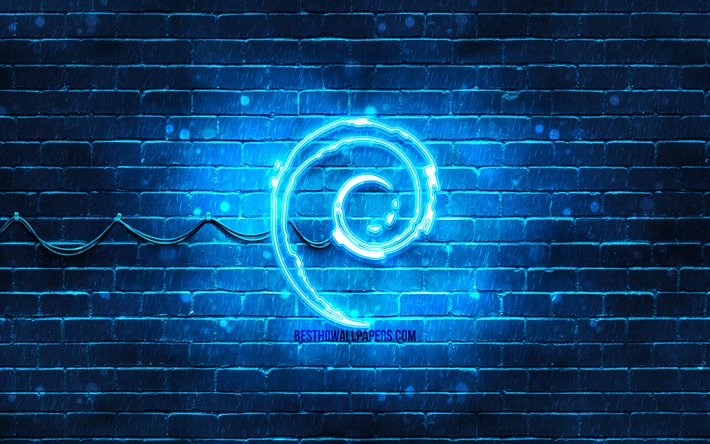 Debian logo blu, 4k, blu, muro di mattoni, logo di Debian, Linux, Debian, neon logo di Debian