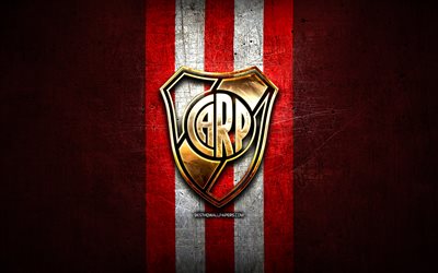 River Plate FC, golden logo, Argentine Primera Division, red metal background, football, CA River Plate, argentinian football club, River Plate logo, soccer, Argentina, Club River Plate