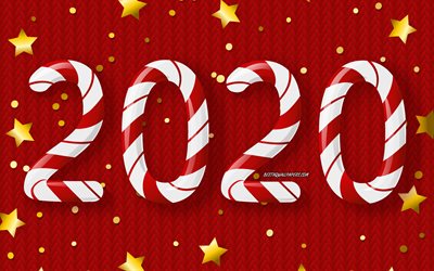 Happy New Year, 2020, red knitted background, candy letters, Red christmas background, 2020 concepts, 2020 red background