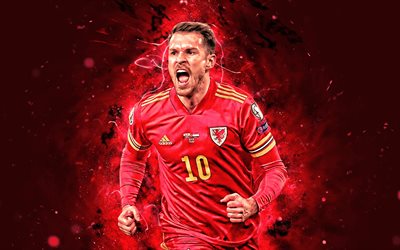 Aaron Ramsey, 2019, Wales National Team, soccer, goal, Aaron James Ramsey, footballers, neon lights, Welsh football team