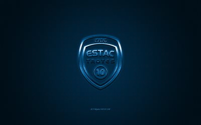 Troyes AC, French football club, Ligue 2, blue logo, blue carbon fiber background, football, Troyes, France, Troyes AC logo, Esperance Sportive Troyes Aube Champagne