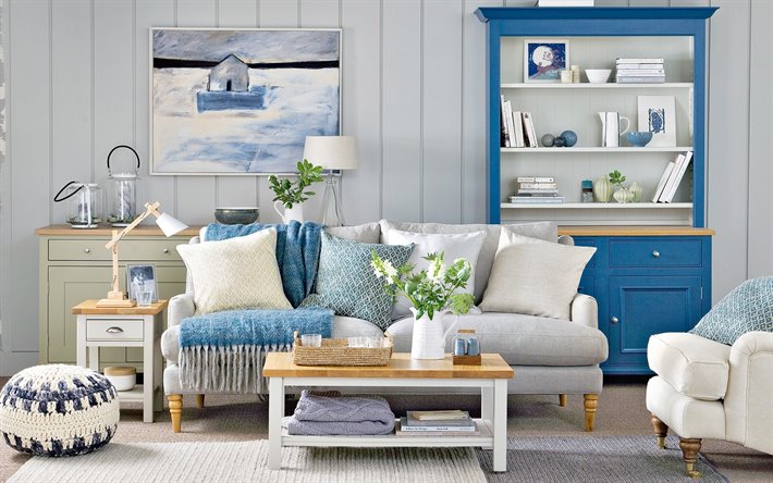 tylish sisustus, olohuone, valkoinen levyt sein&#228;lle, sininen huonekalut klassiseen tyyliin, retro sisustus