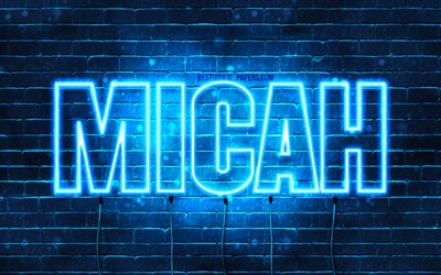 Micah, 4k, sfondi per il desktop con i nomi, il testo orizzontale, Mica nome, neon blu, l&#39;immagine con il nome di Micah