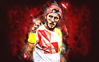 Lucas Pouille, ATP, french tennis player, portrait, red stone background, creative art, tennis