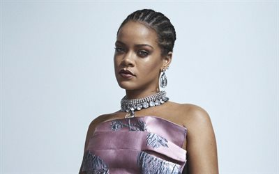 Rihanna, Barbadian singer, portrait, purple dress, photoshoot, makeup, Robyn Rihanna Fenty
