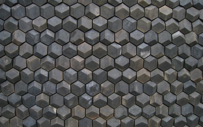 stone hexagon texture, macro, stone 3D texture, gray grunge background, gray stones, stone backgrounds, gray stone, hexagon textures, stone textures, gray backgrounds