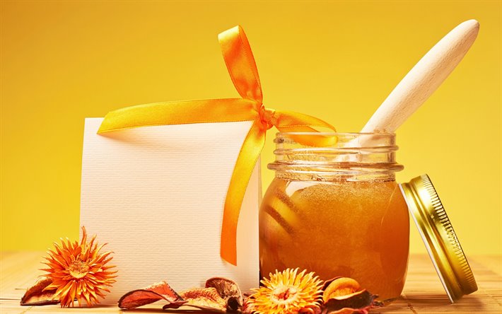 tarro de miel, miel de flor, miel conceptos, naranja lazo de seda, miel