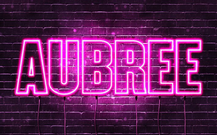 Aubree, 4k, wallpapers with names, female names, Aubree name, purple neon lights, horizontal text, picture with Aubree name