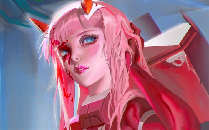 Zéro Deux, des illustrations, des protagoniste, fille avec des cheveux roses, fan art, Darling dans le FranXX, manga