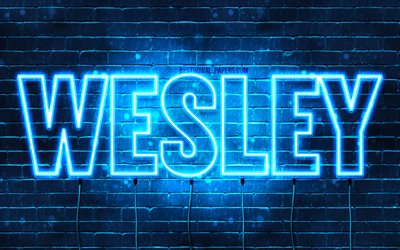 Wesley, 4k, taustakuvia nimet, vaakasuuntainen teksti, Wesley nimi, blue neon valot, kuva Wesley nimi