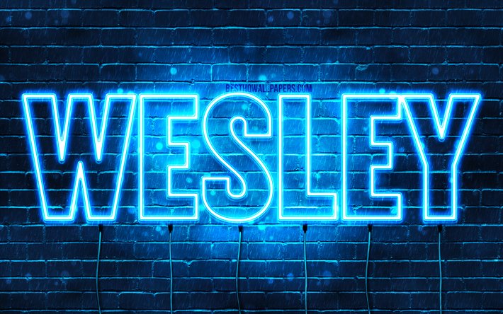 Wesley, 4k, tapeter med namn, &#246;vergripande text, Wesley namn, bl&#229;tt neonljus, bilden med namn Wesley