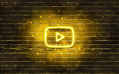 Youtube logo jaune, 4k, jaune brickwall, Youtube logo, marques, Youtube n&#233;on logo Youtube