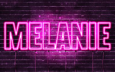 Melanie, 4k, wallpapers with names, female names, Melanie name, purple neon lights, horizontal text, picture with Melanie name