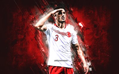 Merih Demiral, Turco equipa nacional de futebol retrato, Turco jogador de futebol, pedra vermelha de fundo, futebol, A turquia