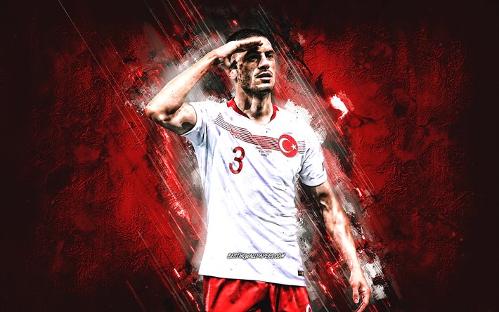 Merih Demiral, Turkiska landslag i fotboll portr&#228;tt, Turkiska fotbollsspelare, r&#246;da sten bakgrund, fotboll, Turkiet