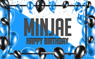 happy birthday minjae, geburtstag luftballons, hintergrund, beliebten koreanischen m&#228;nnlichen namen, minjae, tapeten mit koreanischen namen, blaue luftballons geburtstag hintergrund, gru&#223;karte, minjae geburtstag