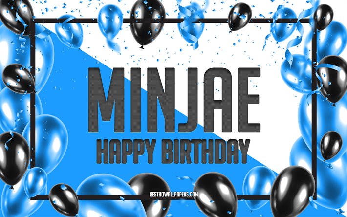 Happy Birthday Minjae, Birthday Balloons Background, popular Korean male names, Minjae, wallpapers with Korean names, Blue Balloons Birthday Background, greeting card, Minjae Birthday