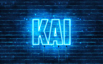 Kai, 4k, pap&#233;is de parede com os nomes de, texto horizontal, Kai nome, luzes de neon azuis, imagem com Kai nome