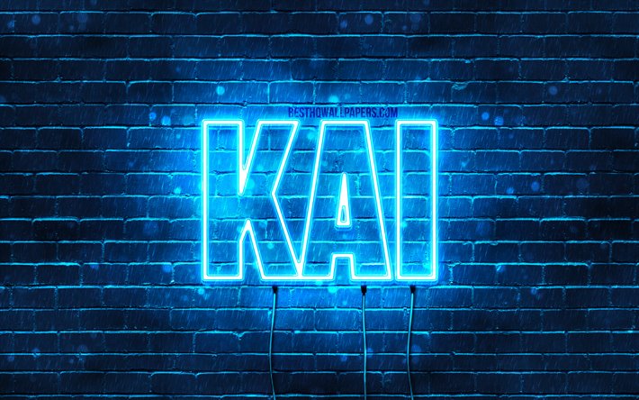 Kai, 4k, taustakuvia nimet, vaakasuuntainen teksti, Kai nimi, blue neon valot, kuva Kai nimi