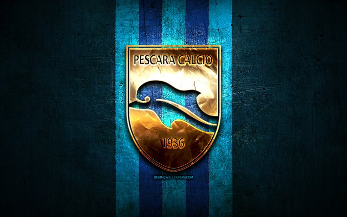 Delfino Pescara FC, golden logotyp, Serie B, bl&#229; metall bakgrund, fotboll, Delfino Pescara 1936, italiensk fotboll club, Delfino Pescara logotyp, Italien, Pescara FC