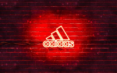 Adidas red logo, 4k, red brickwall, Adidas logo, brands, Adidas neon logo, Adidas