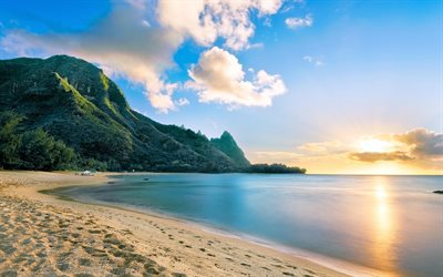 tropical island, sunset, mountain landscape, beach, evening, coast, seascape