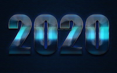 2020 sininen metalli numeroa, luova, sininen metalli tausta, Hyv&#228;&#228; Uutta Vuotta 2020, 2020 k&#228;sitteit&#228;, 2020 sinisell&#228; pohjalla, chrome numeroa, 2020-metalli tausta, 2020 vuosi numeroa