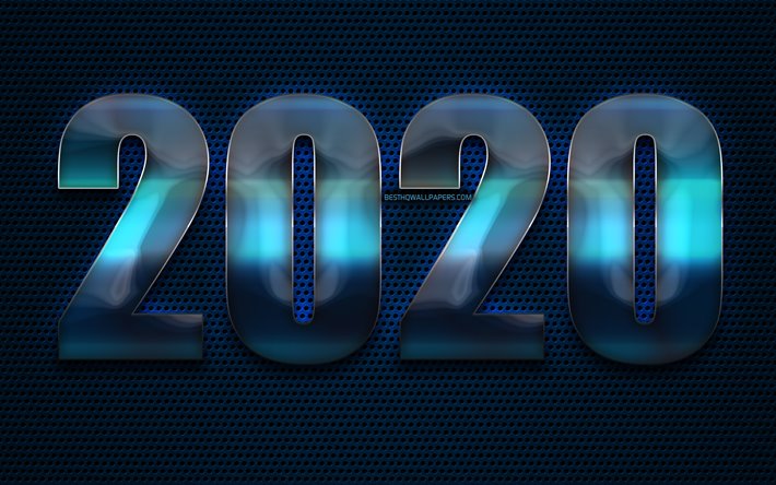 2020 metal azul d&#237;gitos, criativo, metal azul de fundo, Feliz Ano Novo 2020, 2020 conceitos, 2020 em fundo azul, chrome d&#237;gitos, 2020 no metal de fundo, 2020 d&#237;gitos do ano