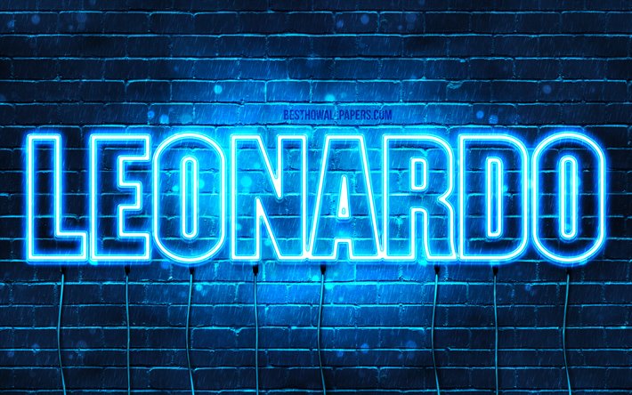 Leonardo, 4k, taustakuvia nimet, vaakasuuntainen teksti, Leonardo nimi, blue neon valot, kuva Leonardo nimi