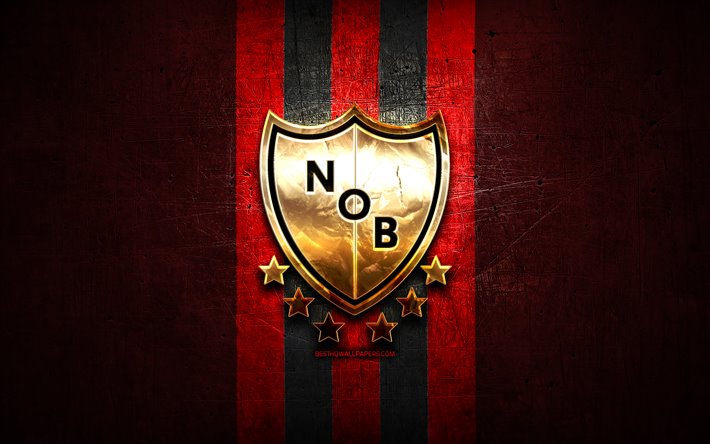 Newells Old Boys FC, golden logotyp, Argentinska Primera Division, red metal bakgrund, fotboll, CA Newells Old Boys, argentinsk fotboll club, Newells Old Boys logotyp, Argentina, Club Atletico Newells Old Boys